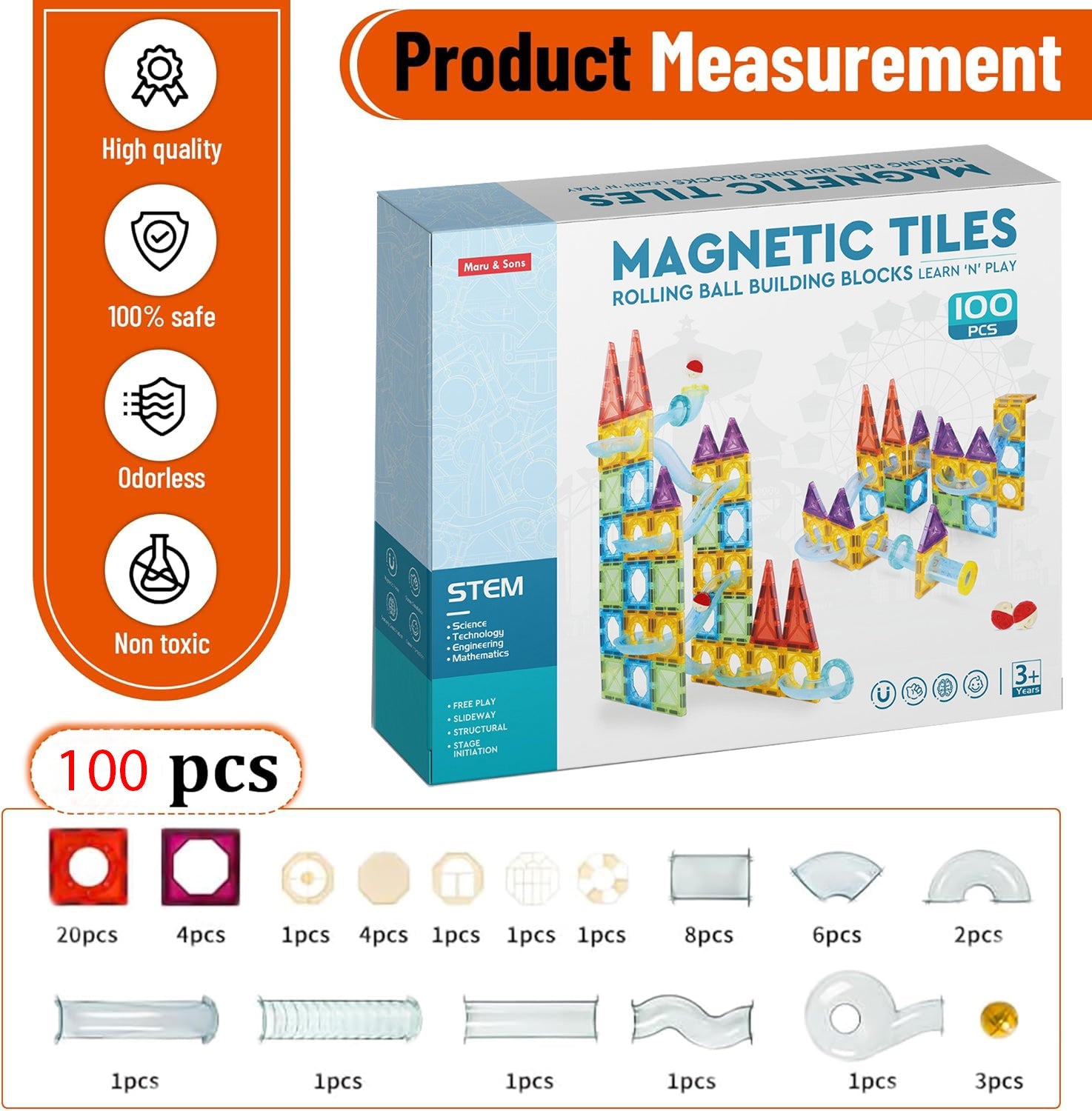 Magnetic Tiles Rolling Ball Building Blocks (100 Pcs) - Image 8