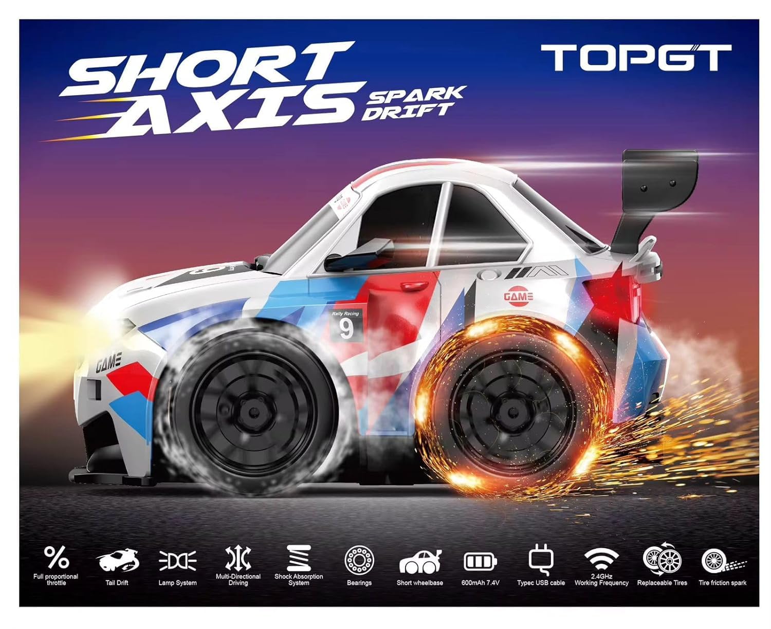 High-Speed RC Drift Car with Spark Effect | Short Axis 2.4GHz Remote Control Racing Toy with LED Lights & Replaceable Drift Tyres for Kids & Adults