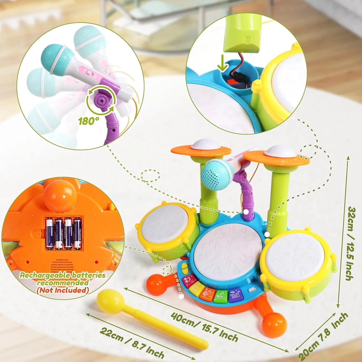 Drum Set for Toddlers with 2 Drum Sticks and Microphone
